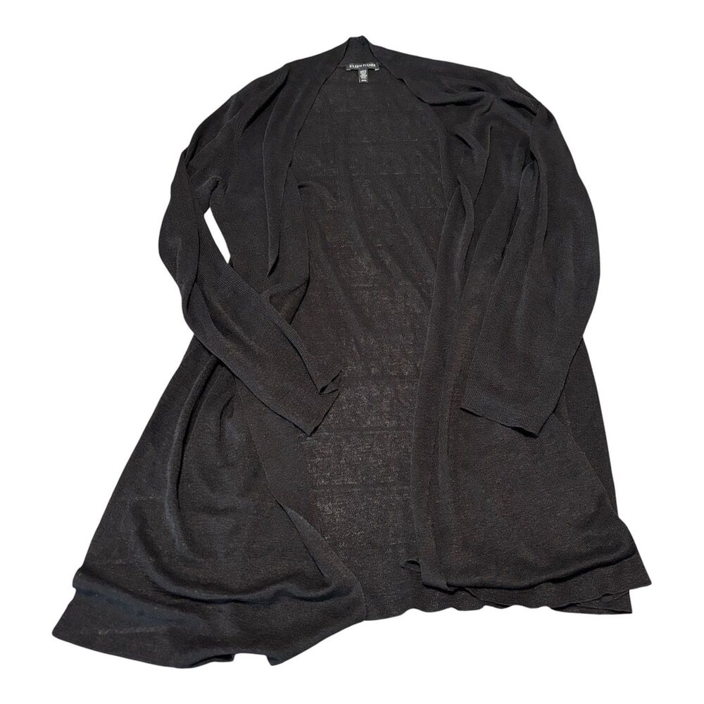 Eileen Fisher Cardigan Sweater Womens Medium Black Linen Blend Open Front